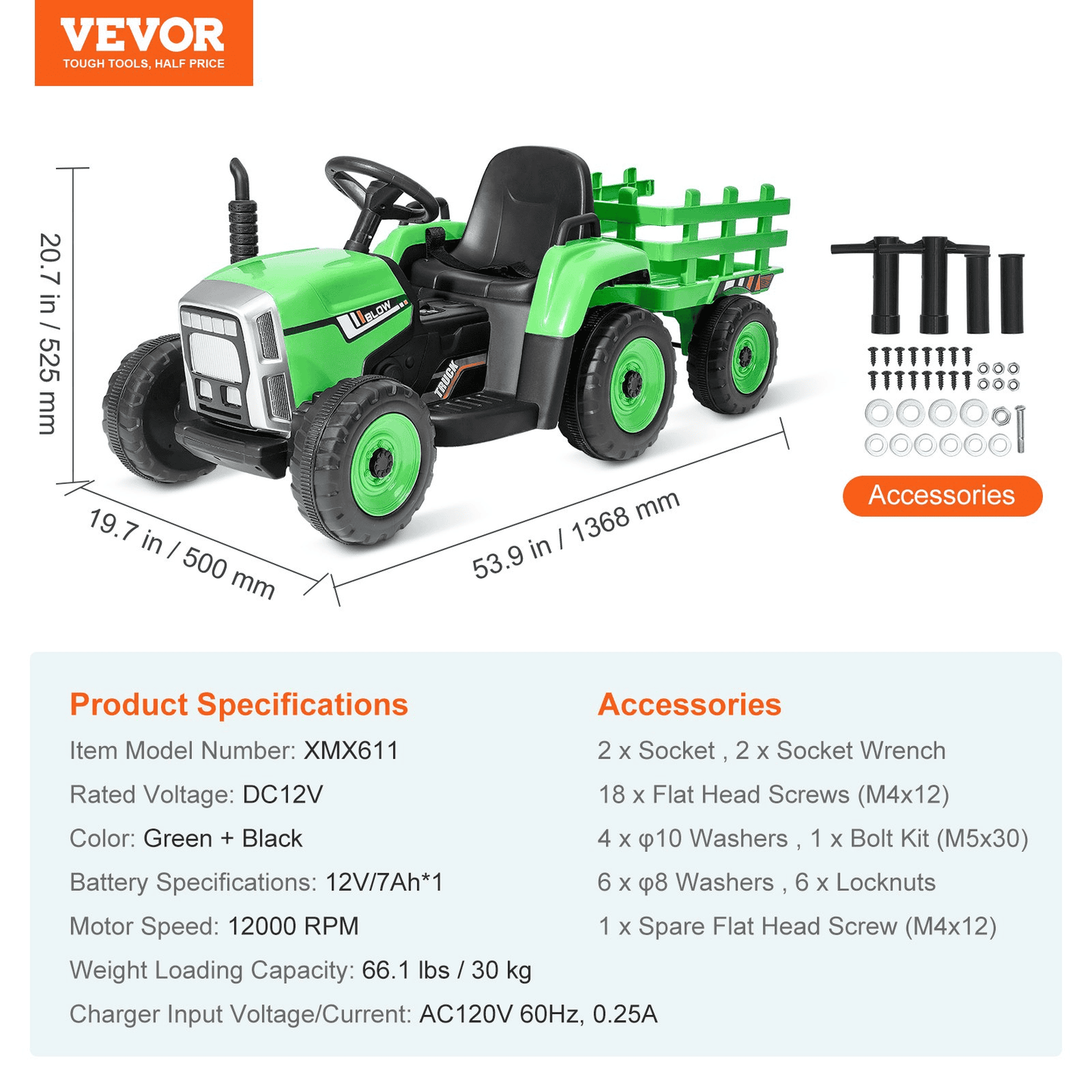 VEVOR Kids Ride on Tractor 12V Electric Toy Tractor with Trailer Remote Control - The Little Big Store