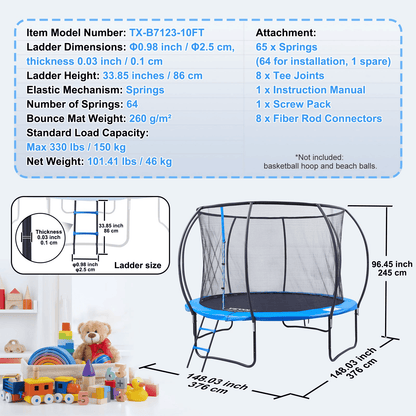 VEVOR 10FT Trampoline, 330 lbs Trampoline with Enclosure Net, Ladder, and Curved Pole, Heavy Duty Trampoline with Jumping Mat and Spring Cover Padding, Outdoor Recreational Trampolines for Kids Adults - The Little Big Store