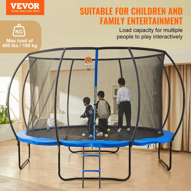 12FT Trampoline, 400 lbs Trampoline with Enclosure Net, Ladder, and Curved Pole, Heavy Duty Trampoline with Jumping Mat and Spring Cover Padding, Outdoor Recreational Trampolines for Kids Adults