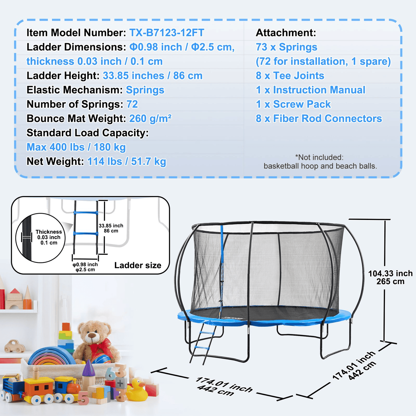 VEVOR 12FT Trampoline, 400 lbs Trampoline with Enclosure Net, Ladder, and Curved Pole, Heavy Duty Trampoline with Jumping Mat and Spring Cover Padding, Outdoor Recreational Trampolines for Kids Adults - The Little Big Store