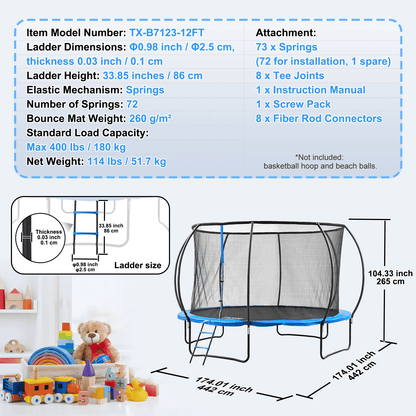 VEVOR 12FT Trampoline, 400 lbs Trampoline with Enclosure Net, Ladder, and Curved Pole, Heavy Duty Trampoline with Jumping Mat and Spring Cover Padding, Outdoor Recreational Trampolines for Kids Adults - The Little Big Store