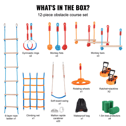 VEVOR Ultimate Ninja Warrior Obstacle Course – 56ft Dual Slacklines, 12 Obstacles, 500lbs Capacity Outdoor Playset - The Little Big Store