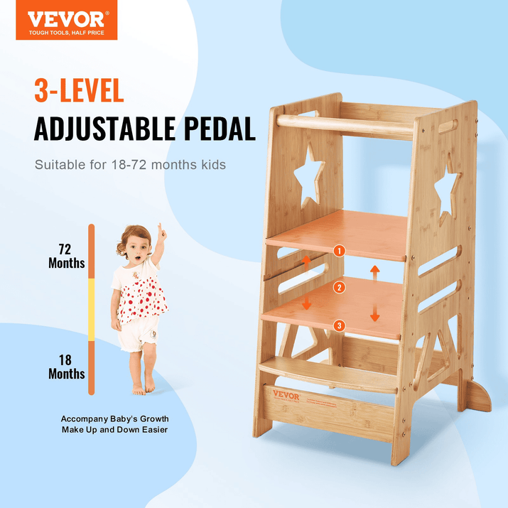 VEVOR Tower Step Stool, 3-Level Height Adjustable Toddler Step Stools for Kids, Kitchen Stool Helper, Bamboo Kids Standing Tower Learning Stool with Safety Rail for Kitchen Counter Bathroom, 350LBS - The Little Big Store