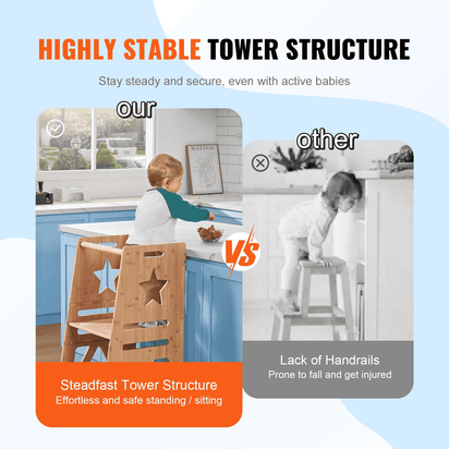 VEVOR Tower Step Stool, 3-Level Height Adjustable Toddler Step Stools for Kids, Kitchen Stool Helper, Bamboo Kids Standing Tower Learning Stool with Safety Rail for Kitchen Counter Bathroom, 350LBS - The Little Big Store