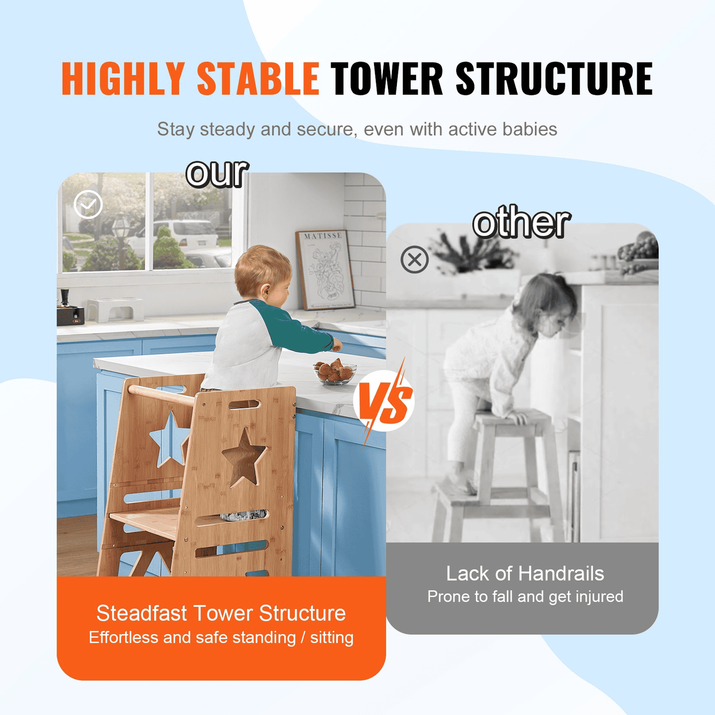VEVOR Tower Step Stool, 3-Level Height Adjustable Toddler Step Stools for Kids, Kitchen Stool Helper, Bamboo Kids Standing Tower Learning Stool with Safety Rail for Kitchen Counter Bathroom, 350LBS - The Little Big Store