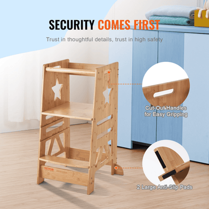 VEVOR Tower Step Stool, 3-Level Height Adjustable Toddler Step Stools for Kids, Kitchen Stool Helper, Bamboo Kids Standing Tower Learning Stool with Safety Rail for Kitchen Counter Bathroom, 350LBS - The Little Big Store