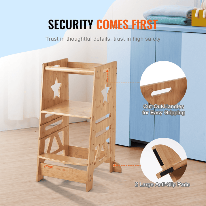 VEVOR Tower Step Stool, 3-Level Height Adjustable Toddler Step Stools for Kids, Kitchen Stool Helper, Bamboo Kids Standing Tower Learning Stool with Safety Rail for Kitchen Counter Bathroom, 350LBS - The Little Big Store