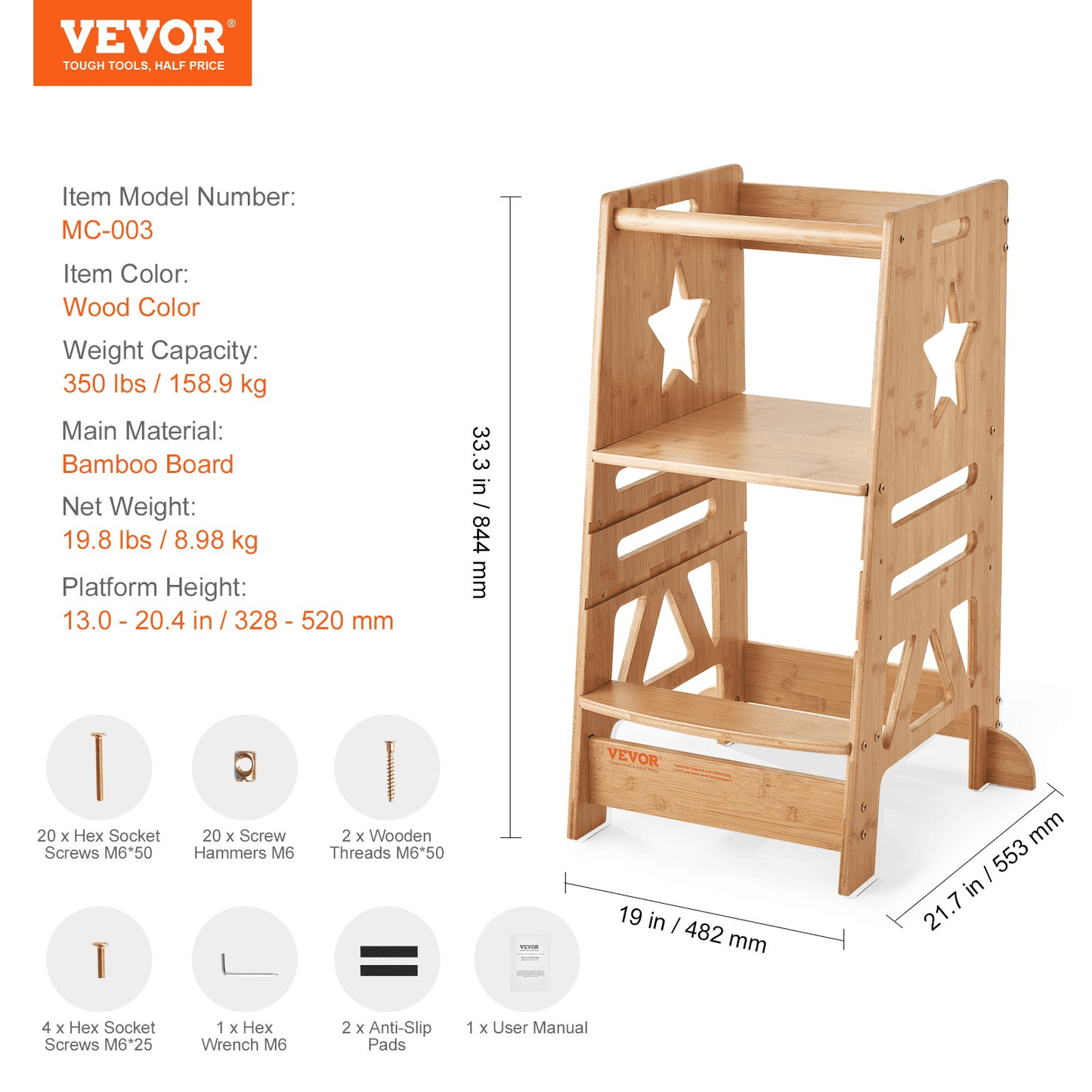 VEVOR Tower Step Stool, 3-Level Height Adjustable Toddler Step Stools for Kids, Kitchen Stool Helper, Bamboo Kids Standing Tower Learning Stool with Safety Rail for Kitchen Counter Bathroom, 350LBS - The Little Big Store