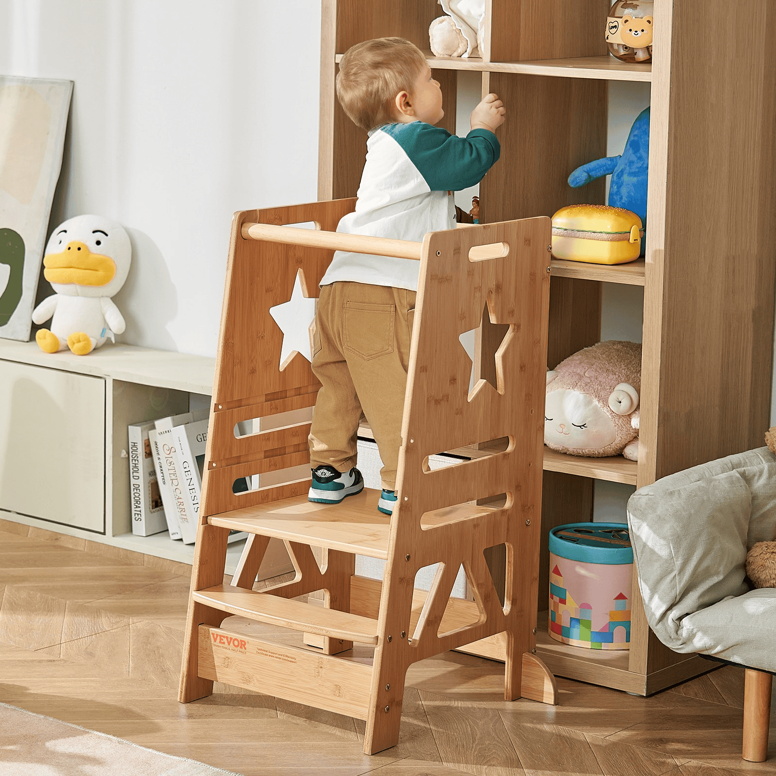 VEVOR Tower Step Stool, 3-Level Height Adjustable Toddler Step Stools for Kids, Kitchen Stool Helper, Bamboo Kids Standing Tower Learning Stool with Safety Rail for Kitchen Counter Bathroom, 350LBS - The Little Big Store