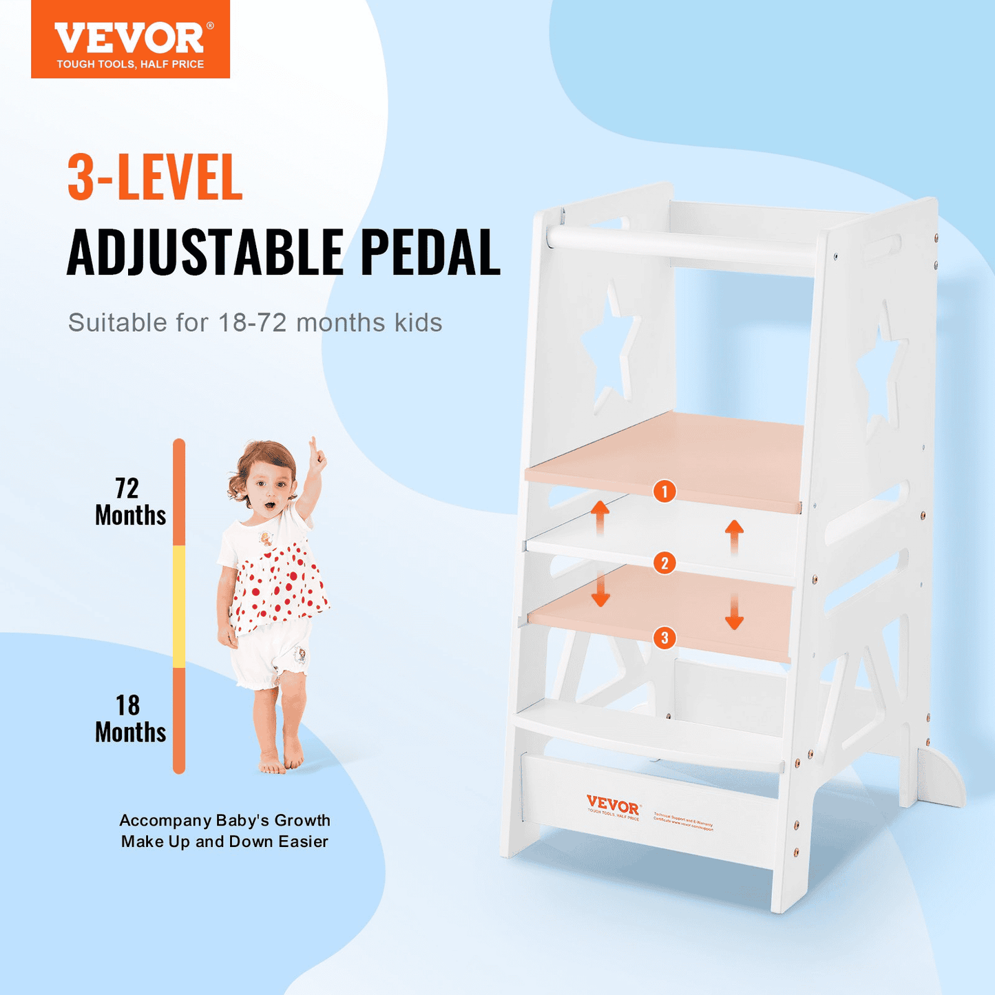 VEVOR Tower Step Stool, 3-Level Height Adjustable Toddler Step Stools for Kids, Kitchen Stool Helper, Bamboo Standing Tower Learning Stool with Safety Rail for Kitchen Counter Bathroom, 350LBS, White - The Little Big Store