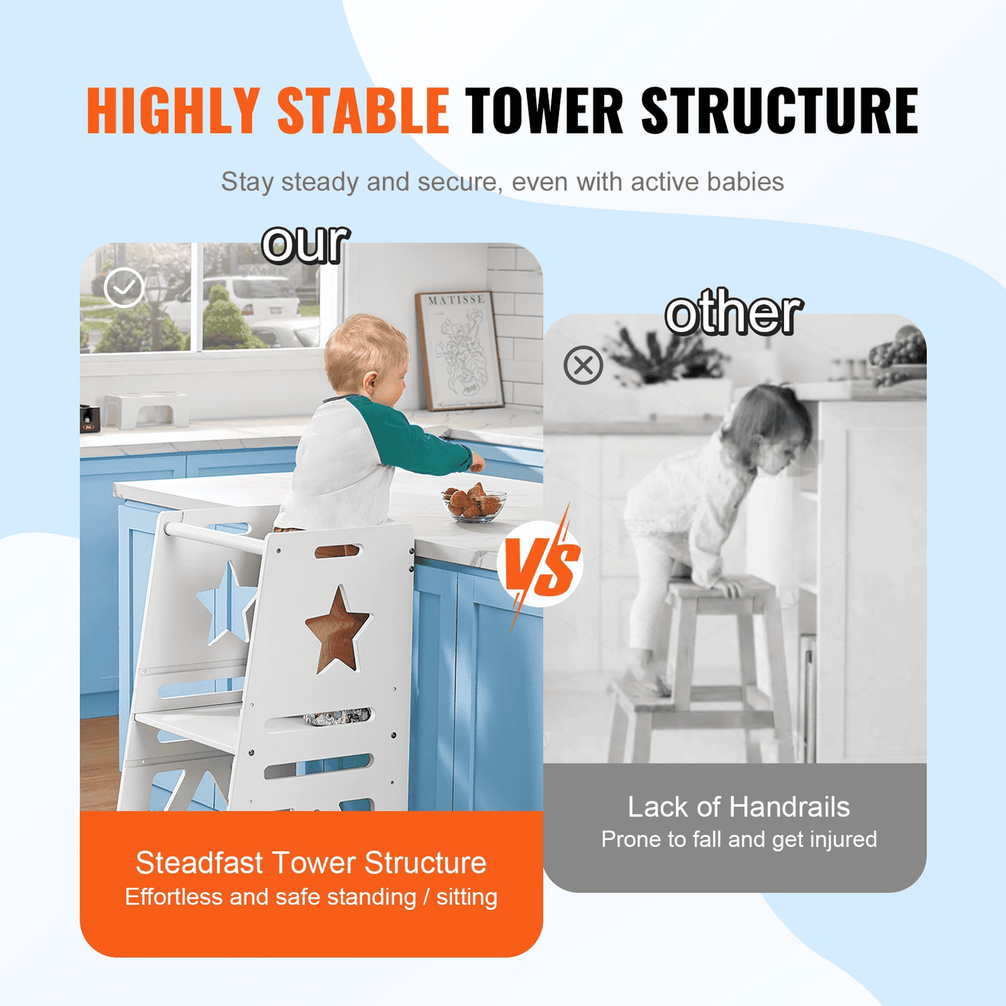 VEVOR Tower Step Stool, 3-Level Height Adjustable Toddler Step Stools for Kids, Kitchen Stool Helper, Bamboo Standing Tower Learning Stool with Safety Rail for Kitchen Counter Bathroom, 350LBS, White - The Little Big Store
