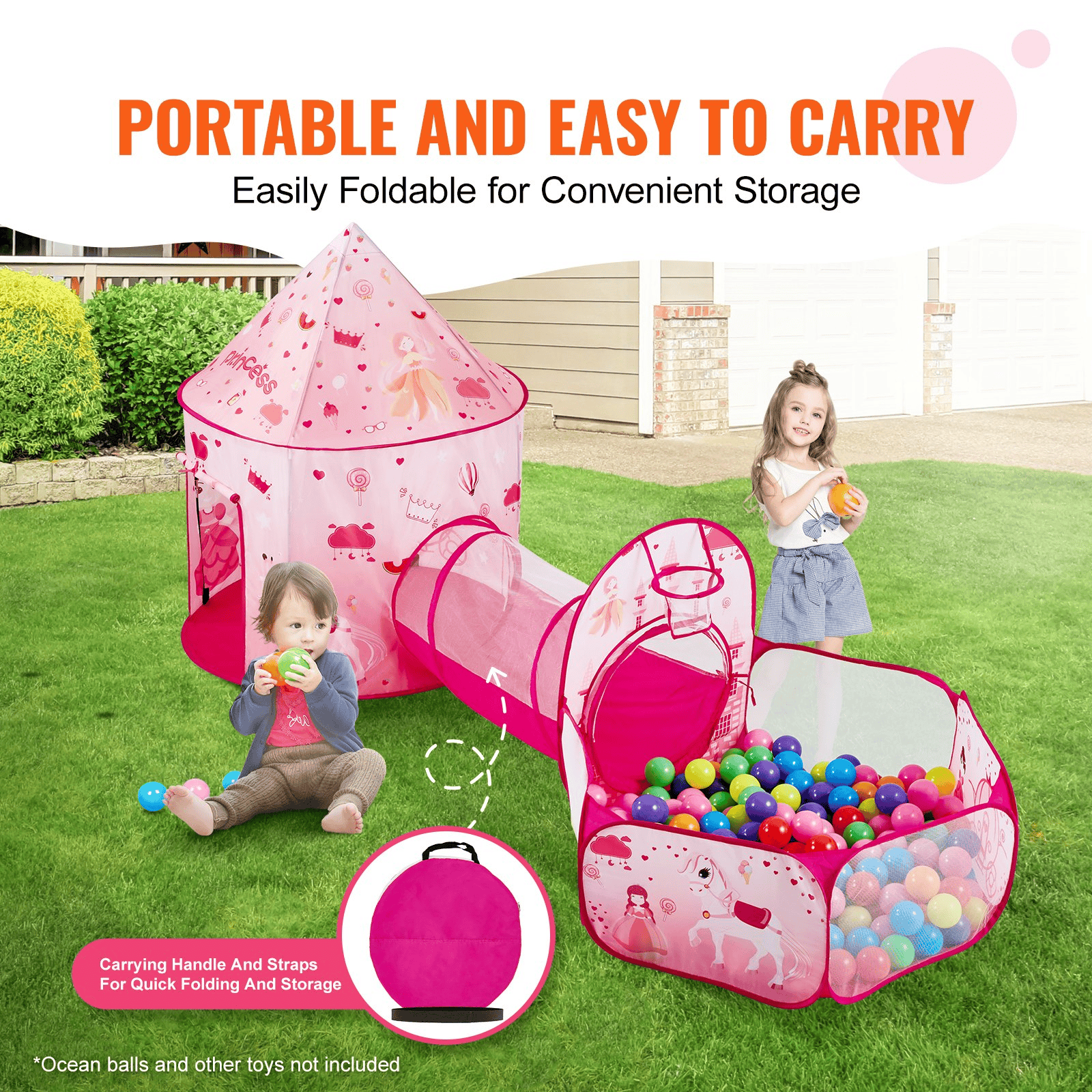 VEVOR 3 in 1 Kids Play Tent with Tunnel for Girls, Princes, Boys, Babies and Toddlers, Indoor/Outdoor Pop Up Playhouse with Carrying Bag & Banding Straps as Birthday Gifts, Magenta Color - The Little Big Store