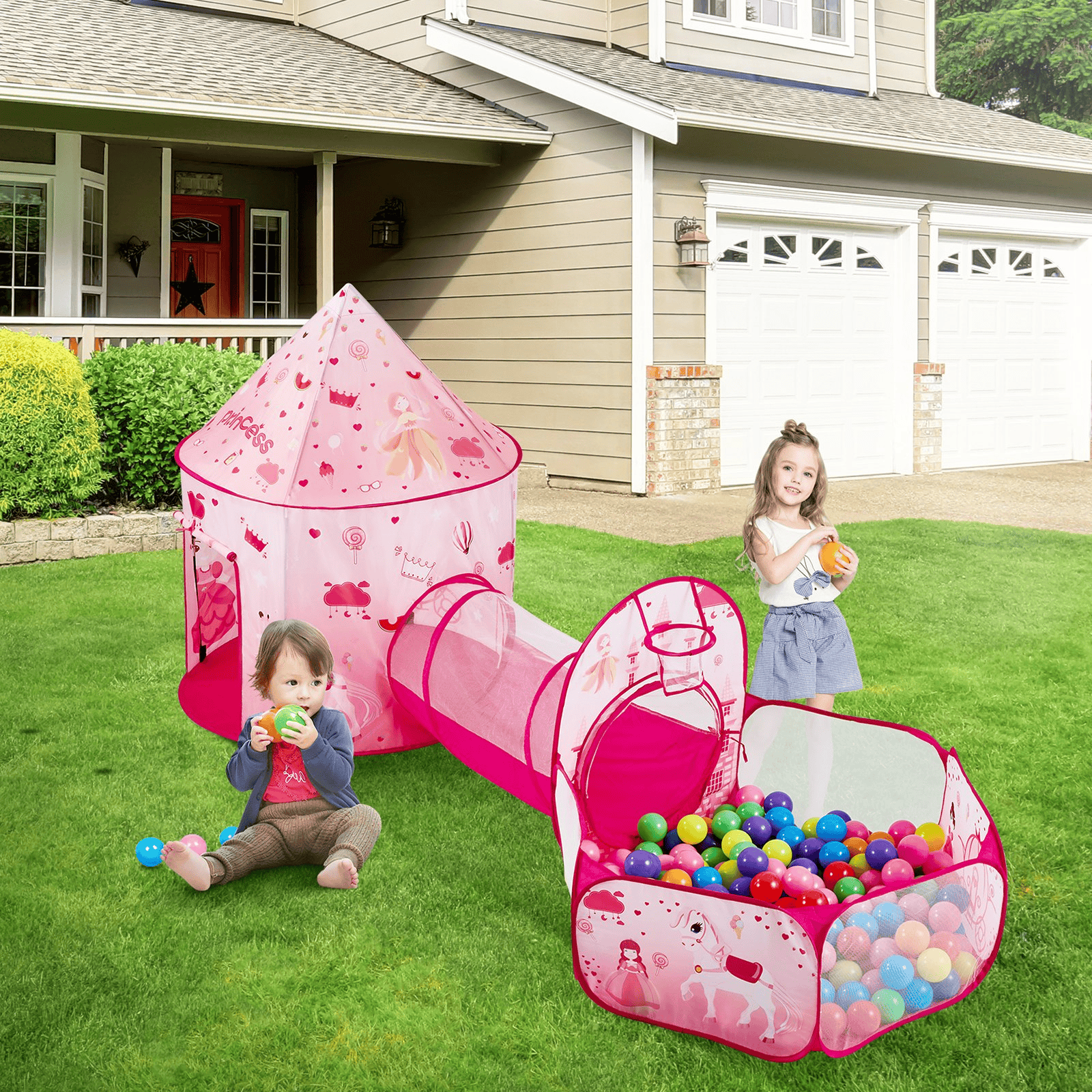 VEVOR 3 in 1 Kids Play Tent with Tunnel for Girls, Princes, Boys, Babies and Toddlers, Indoor/Outdoor Pop Up Playhouse with Carrying Bag & Banding Straps as Birthday Gifts, Magenta Color - The Little Big Store