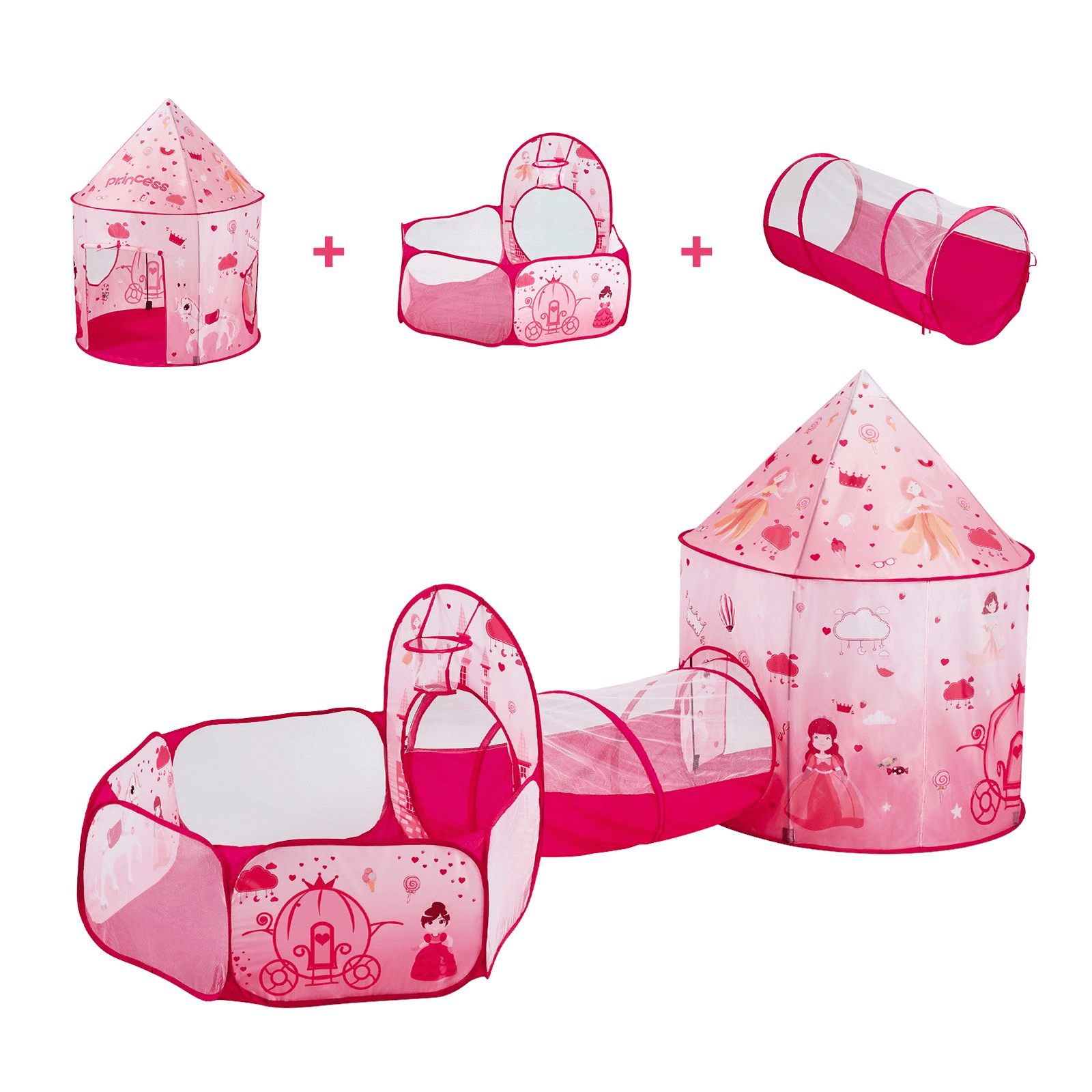VEVOR 3 in 1 Kids Play Tent with Tunnel for Girls, Princes, Boys, Babies and Toddlers, Indoor/Outdoor Pop Up Playhouse with Carrying Bag & Banding Straps as Birthday Gifts, Magenta Color - The Little Big Store