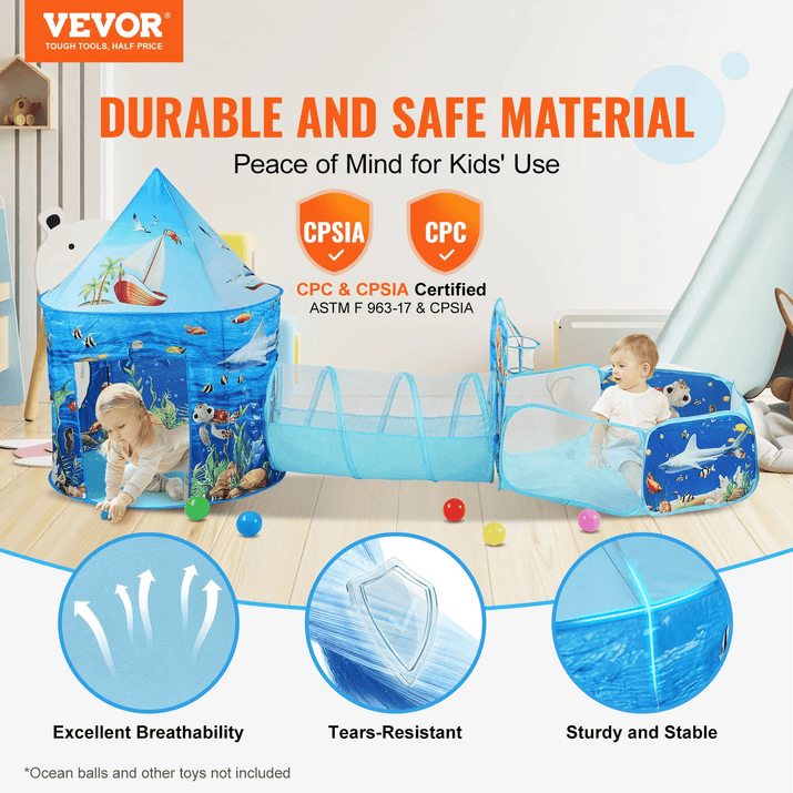 VEVOR 3-in-1 Kids Adventure Play Tent – Tunnel, Basketball Hoop & Ball Pit | Indoor & Outdoor Pop-Up Fun for Toddlers, Boys & Girls, Blue Ocean - The Little Big Store