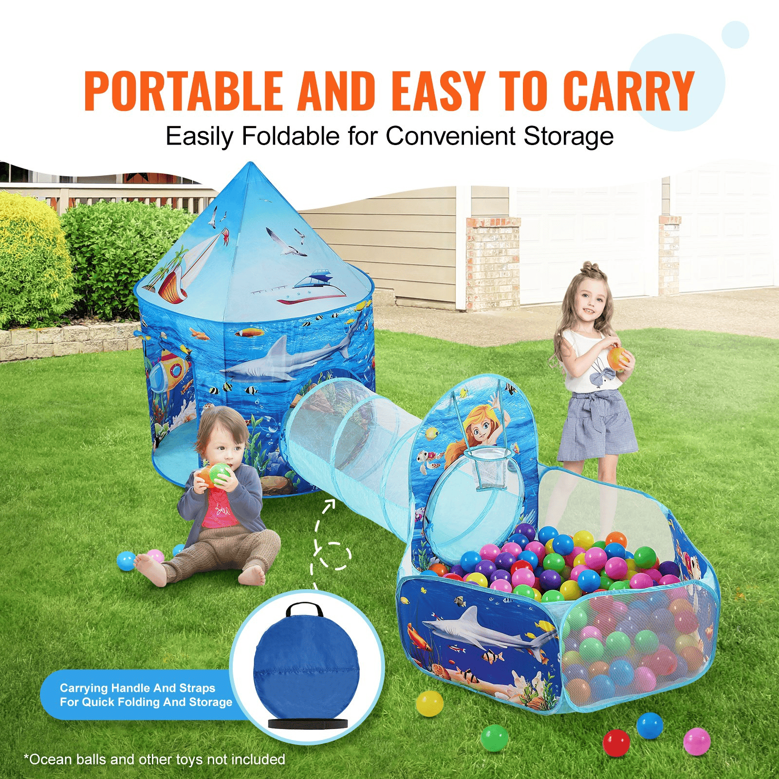 VEVOR 3-in-1 Kids Adventure Play Tent – Tunnel, Basketball Hoop & Ball Pit | Indoor & Outdoor Pop-Up Fun for Toddlers, Boys & Girls, Blue Ocean - The Little Big Store