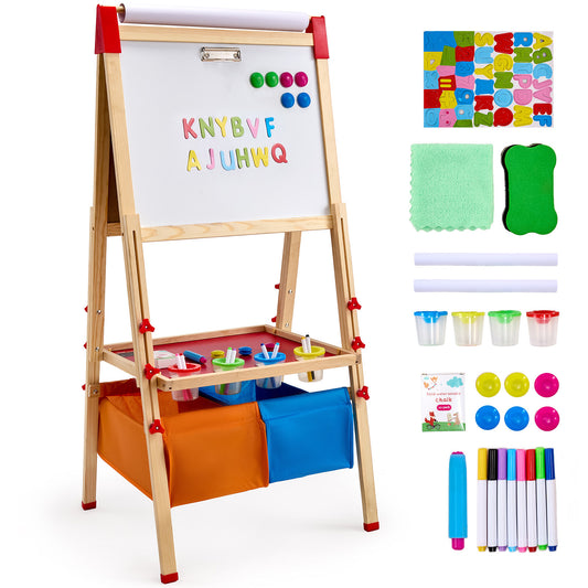 3-in-1 Kids Art Easel Double-Sided Wooden Magnetic Whiteboard Chalkboard