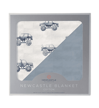 Indigo Monster Trucks and Blue Fog Cotton Newcastle Blanket - The Little Big Store