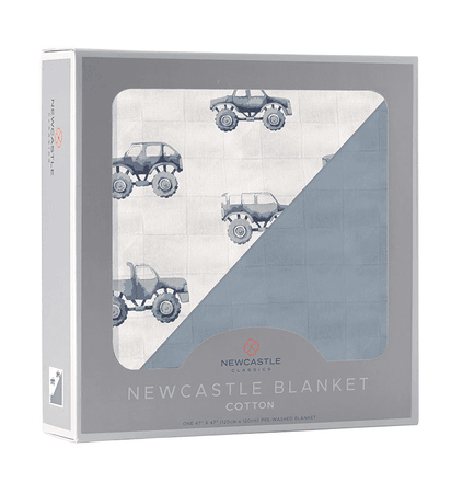 Indigo Monster Trucks and Blue Fog Cotton Newcastle Blanket - The Little Big Store