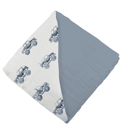 Indigo Monster Trucks and Blue Fog Cotton Newcastle Blanket - The Little Big Store