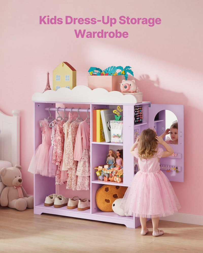 Kids Dress-Up Closet with Jewelry Cabinet – Princess Wardrobe Organizer (Purple)