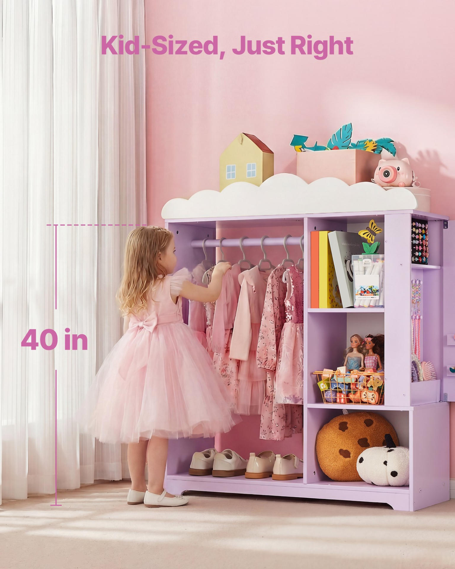 Kids Dress-Up Closet with Jewelry Cabinet – Princess Wardrobe Organizer (Purple)