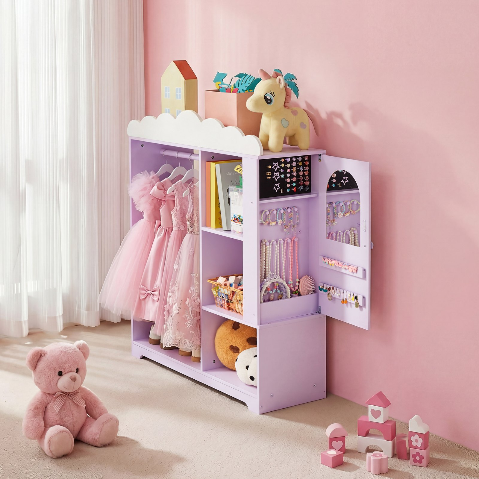 Kids Dress-Up Closet with Jewelry Cabinet – Princess Wardrobe Organizer (Purple)