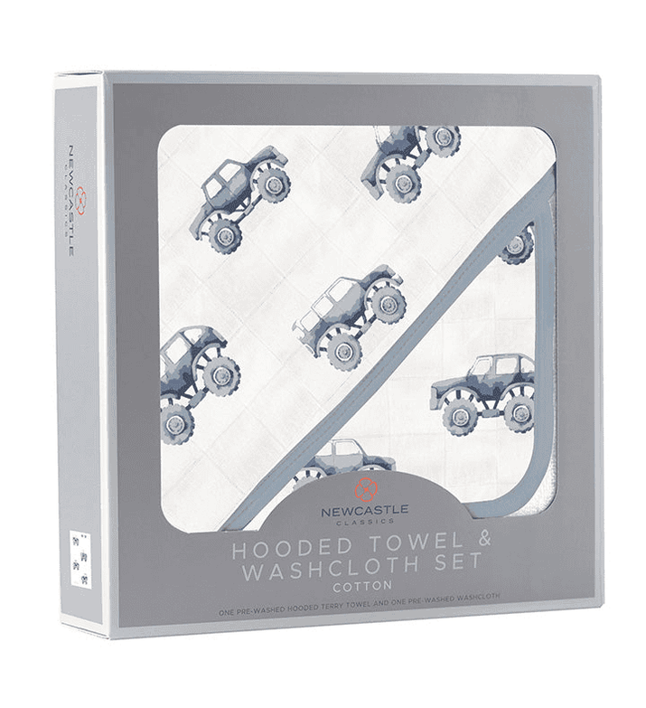 Indigo Monster Trucks Cotton Hooded Towel and Washcloth Set - The Little Big Store