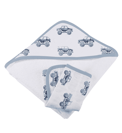Indigo Monster Trucks Cotton Hooded Towel and Washcloth Set - The Little Big Store