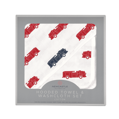 Blue and Red Fire Trucks Hooded Towel and Washcloth Set - The Little Big Store