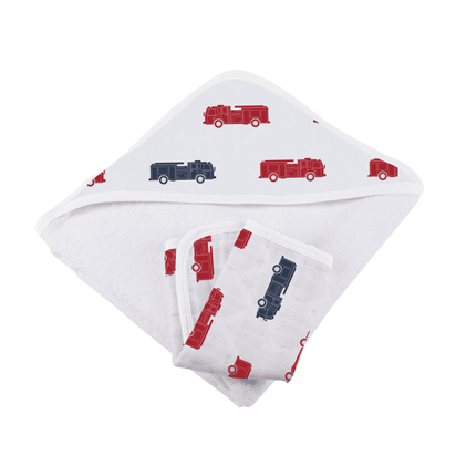Blue and Red Fire Trucks Hooded Towel and Washcloth Set - The Little Big Store