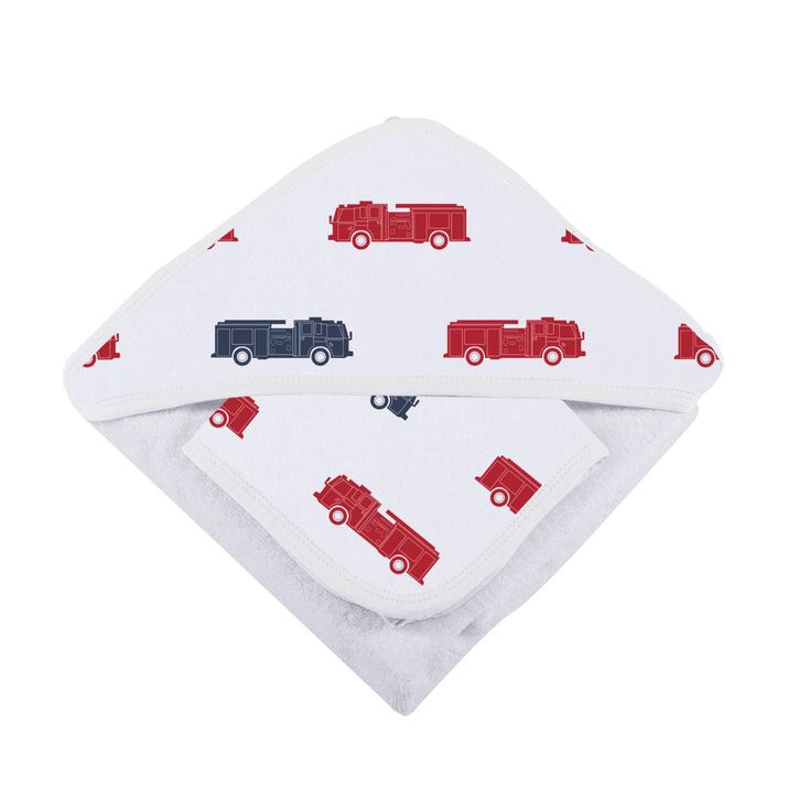 Blue and Red Fire Trucks Hooded Towel and Washcloth Set - The Little Big Store