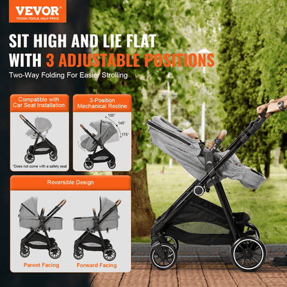Standard Baby Stroller, Infant Toddler Stroller with Bassinet, 3rd-Gear Adjustable Backrest & Foldable & Reversible Seat, Carbon Steel Newborn Stroller with Leg Cover and Mesh Net, Dark Grey - The Little Big Store