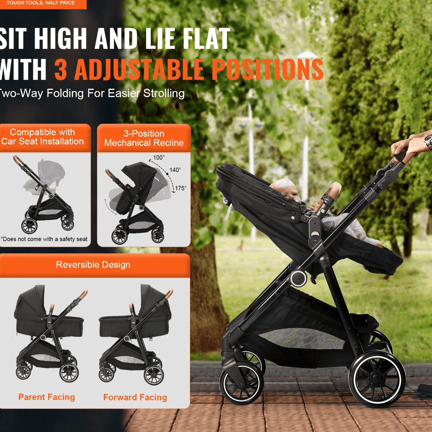 Standard Baby Stroller, Infant Toddler Stroller with Bassinet, 3rd-Gear Adjustable Backrest & Foldable & Reversible Seat, Carbon Steel Newborn Stroller with Leg Cover and Mesh Net, Black - The Little Big Store