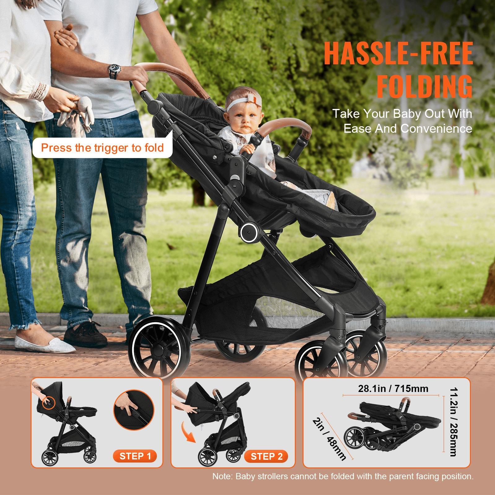 Standard Baby Stroller, Infant Toddler Stroller with Bassinet, 3rd-Gear Adjustable Backrest & Foldable & Reversible Seat, Carbon Steel Newborn Stroller with Leg Cover and Mesh Net, Black - The Little Big Store
