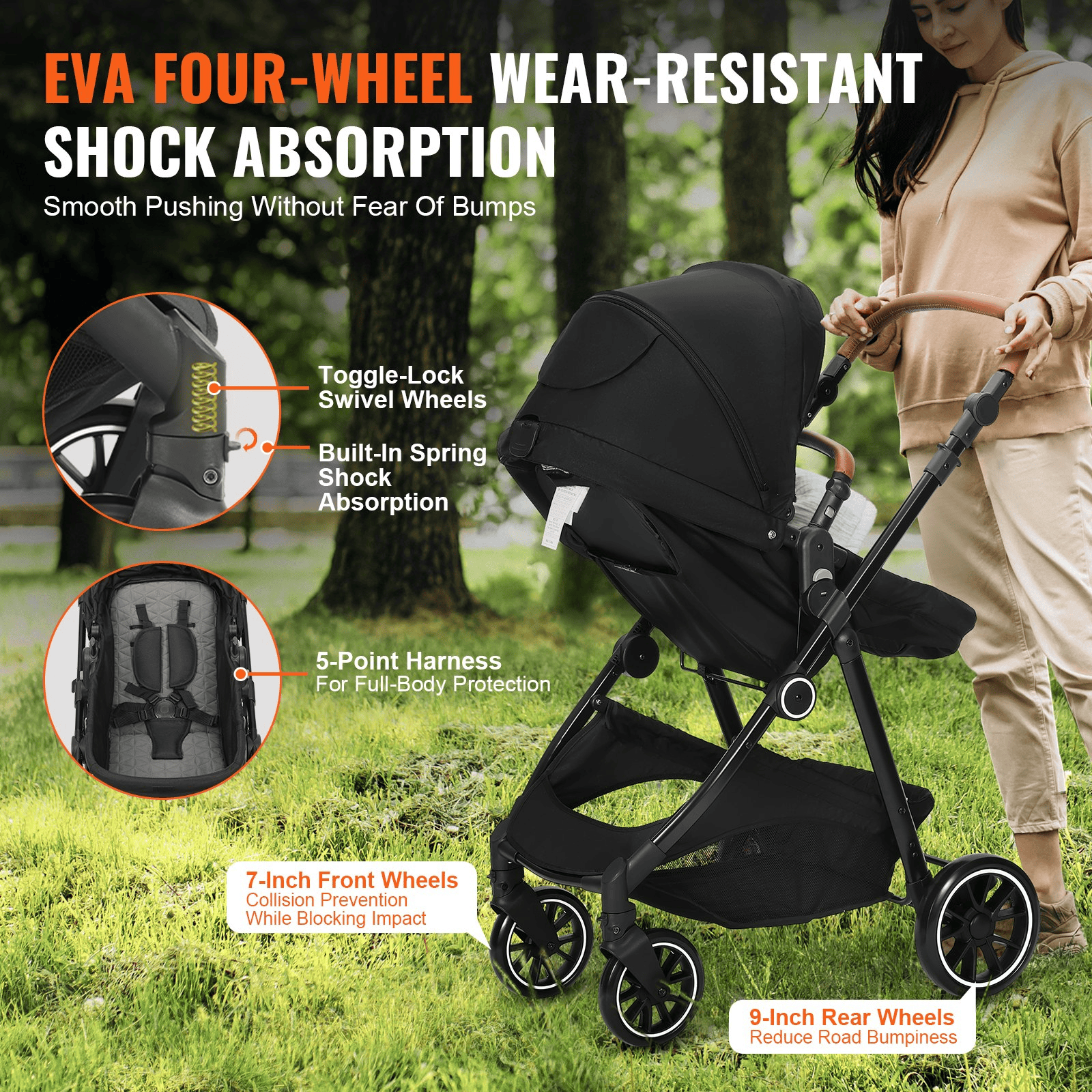 Standard Baby Stroller, Infant Toddler Stroller with Bassinet, 3rd-Gear Adjustable Backrest & Foldable & Reversible Seat, Carbon Steel Newborn Stroller with Leg Cover and Mesh Net, Black - The Little Big Store