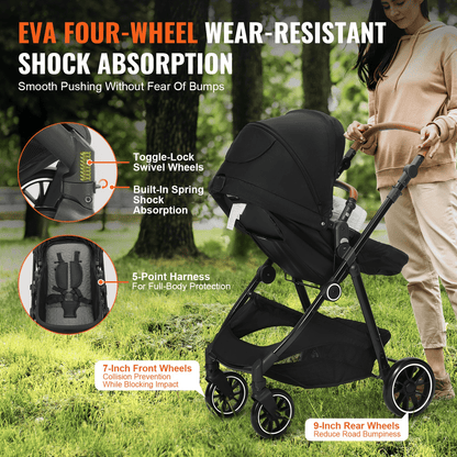 Standard Baby Stroller, Infant Toddler Stroller with Bassinet, 3rd-Gear Adjustable Backrest & Foldable & Reversible Seat, Carbon Steel Newborn Stroller with Leg Cover and Mesh Net, Black - The Little Big Store