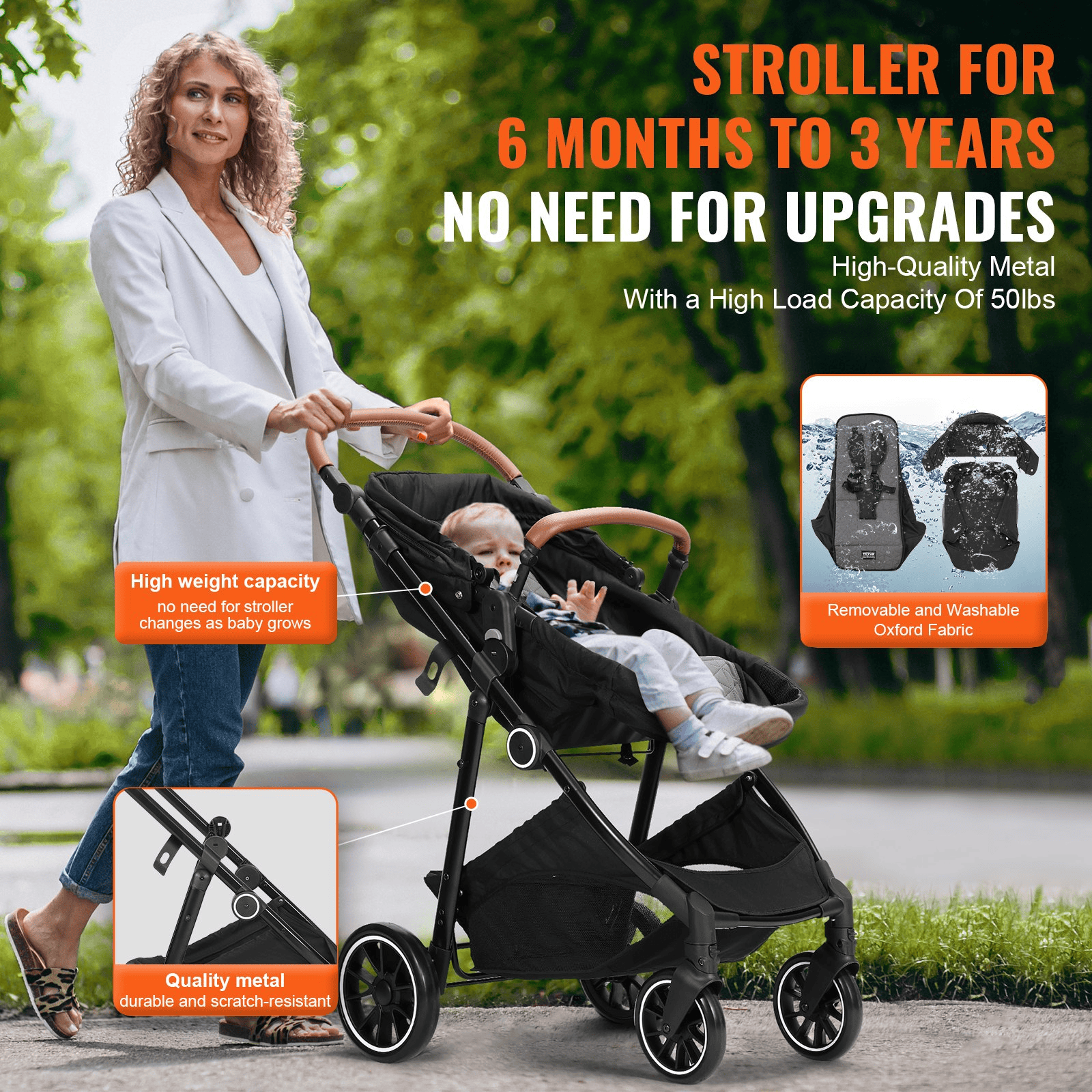 Standard Baby Stroller, Infant Toddler Stroller with Bassinet, 3rd-Gear Adjustable Backrest & Foldable & Reversible Seat, Carbon Steel Newborn Stroller with Leg Cover and Mesh Net, Black - The Little Big Store