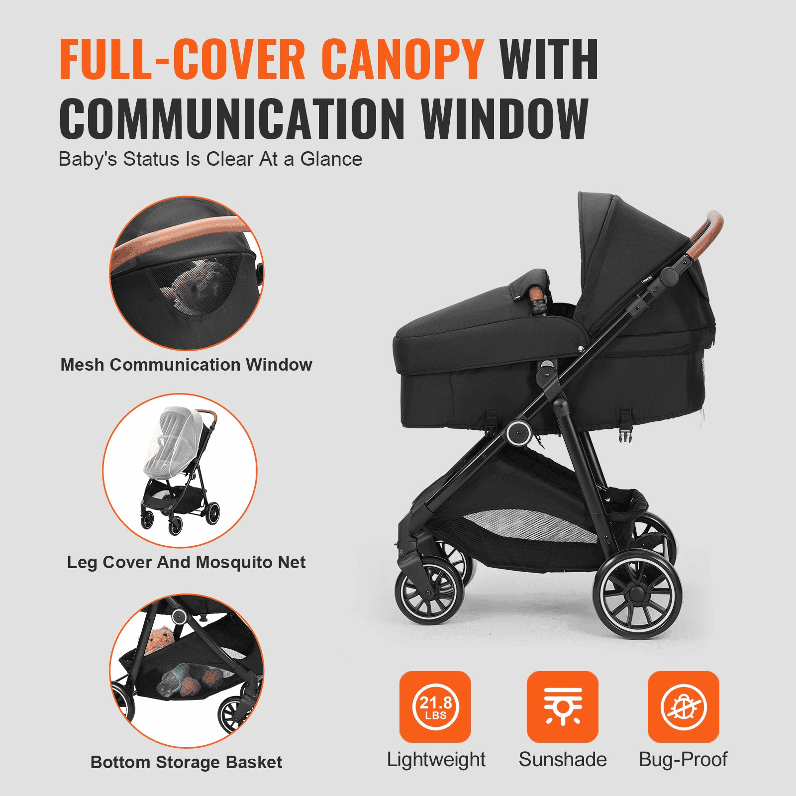 Standard Baby Stroller, Infant Toddler Stroller with Bassinet, 3rd-Gear Adjustable Backrest & Foldable & Reversible Seat, Carbon Steel Newborn Stroller with Leg Cover and Mesh Net, Black - The Little Big Store