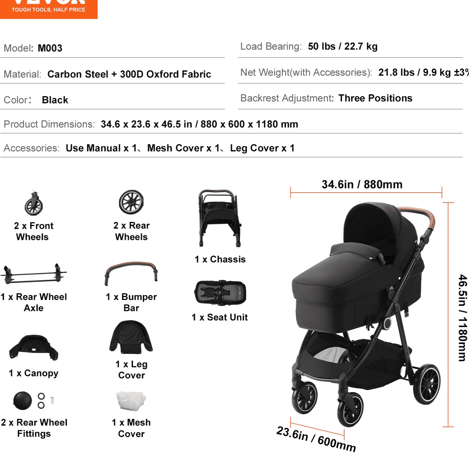 Standard Baby Stroller, Infant Toddler Stroller with Bassinet, 3rd-Gear Adjustable Backrest & Foldable & Reversible Seat, Carbon Steel Newborn Stroller with Leg Cover and Mesh Net, Black - The Little Big Store