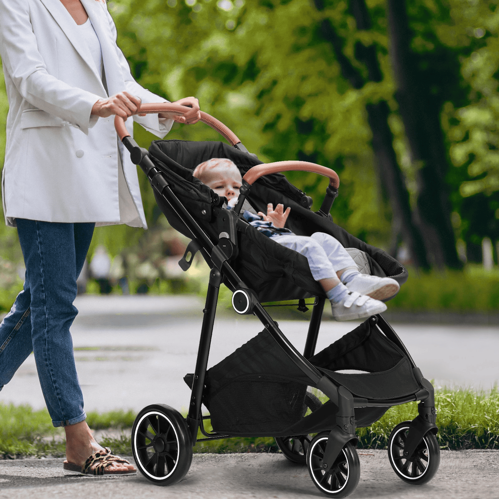 Standard Baby Stroller, Infant Toddler Stroller with Bassinet, 3rd-Gear Adjustable Backrest & Foldable & Reversible Seat, Carbon Steel Newborn Stroller with Leg Cover and Mesh Net, Black - The Little Big Store