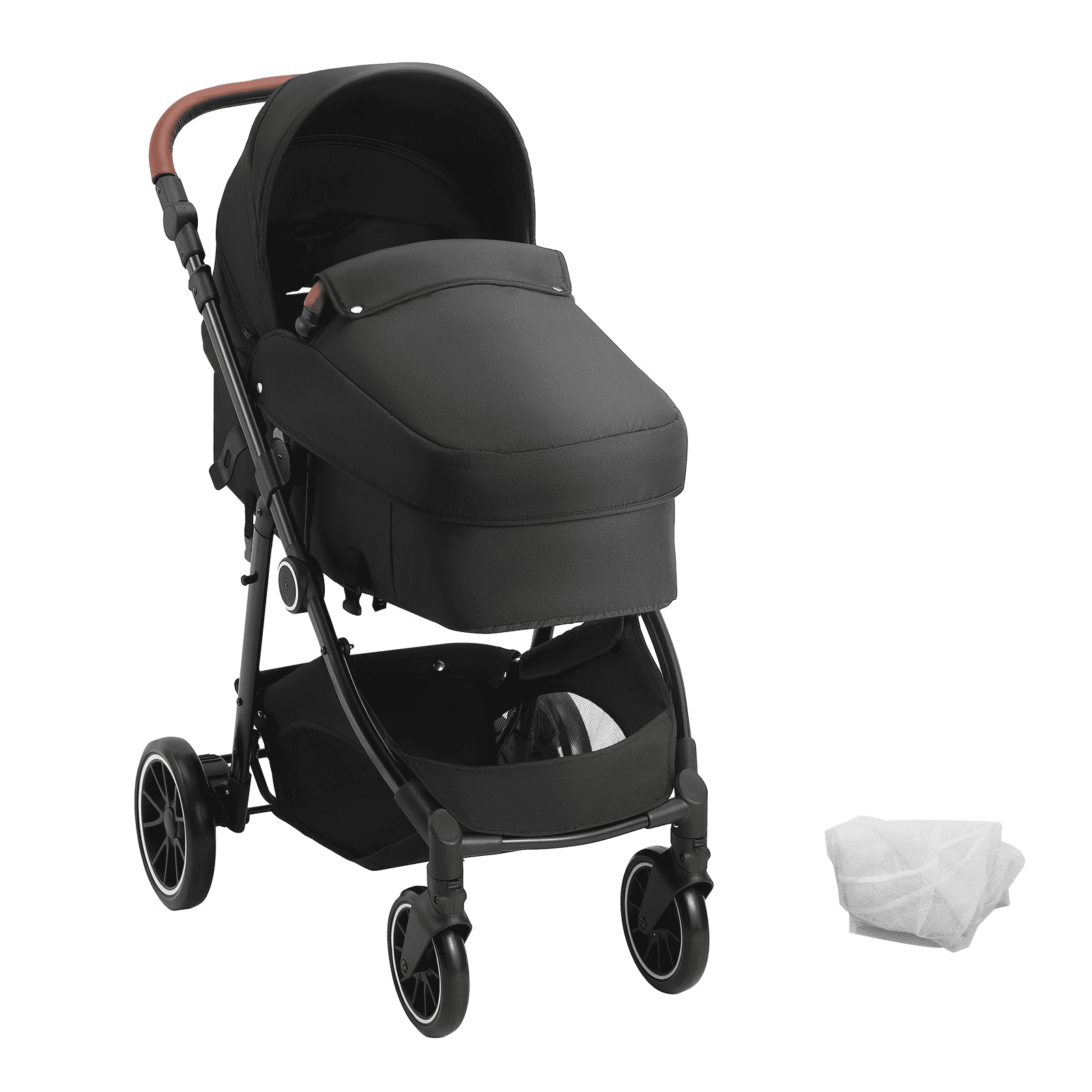 Standard Baby Stroller, Infant Toddler Stroller with Bassinet, 3rd-Gear Adjustable Backrest & Foldable & Reversible Seat, Carbon Steel Newborn Stroller with Leg Cover and Mesh Net, Black - The Little Big Store
