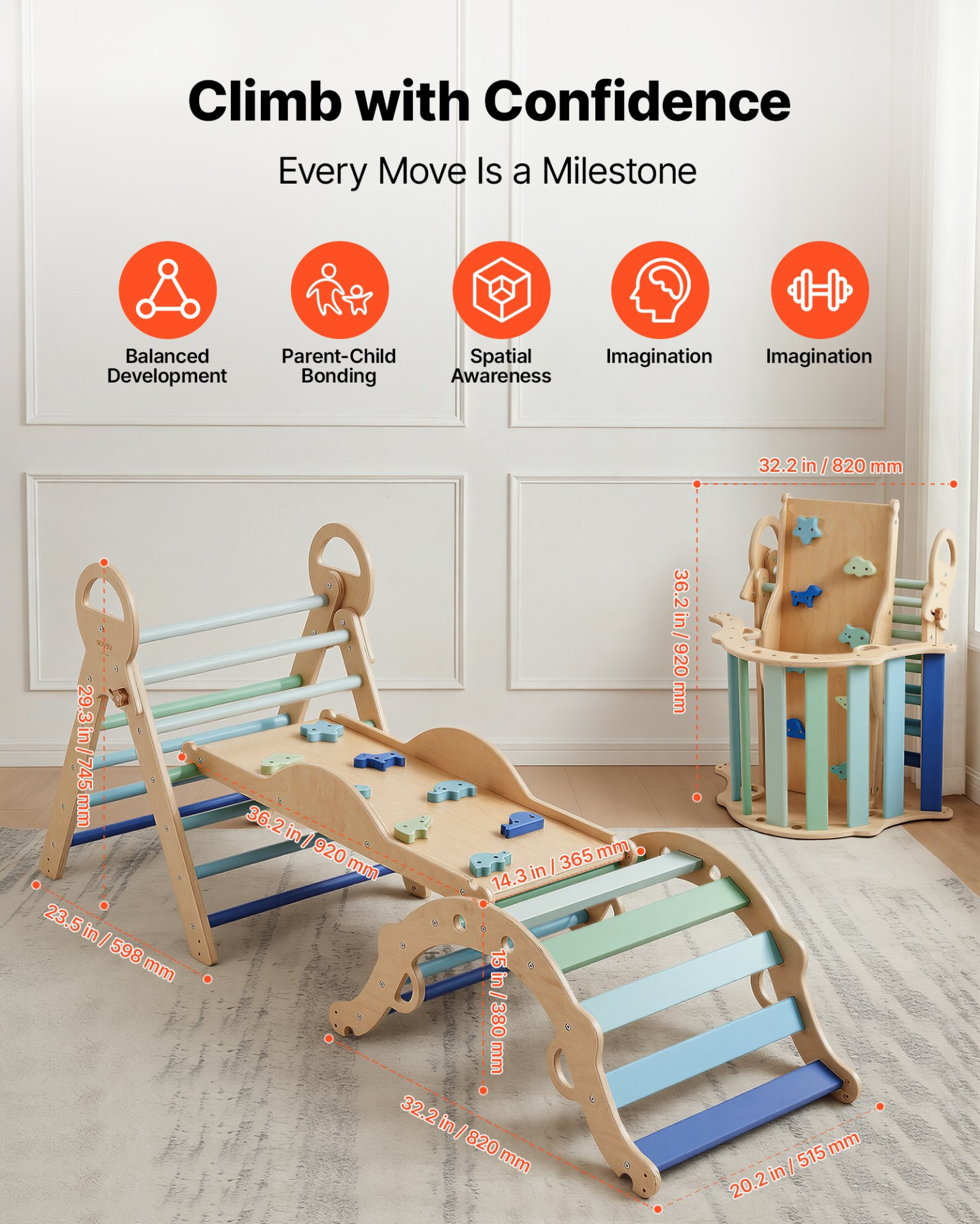 9-in-1 Pikler Triangle Set for Toddlers – Foldable Montessori Climbing Toy with Wooden Cars, Cushion, Arch & Ramp, Blue