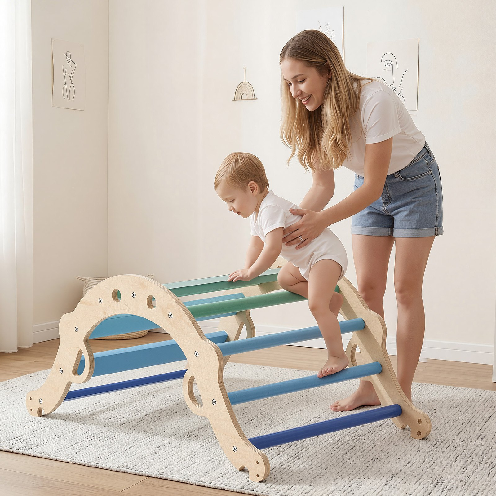 9-in-1 Pikler Triangle Set for Toddlers – Foldable Montessori Climbing Toy with Wooden Cars, Cushion, Arch & Ramp, Blue