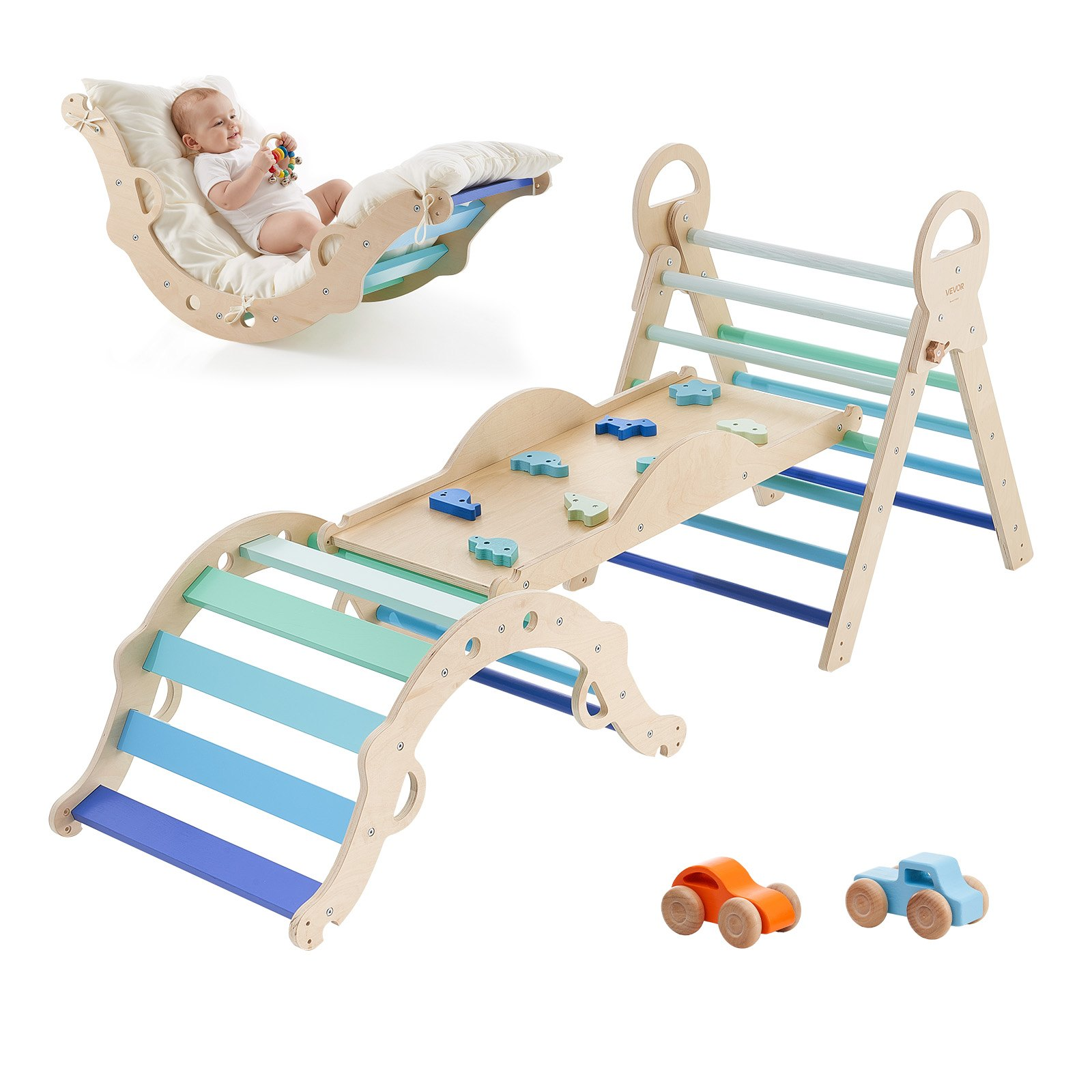 9-in-1 Pikler Triangle Set for Toddlers – Foldable Montessori Climbing Toy with Wooden Cars, Cushion, Arch & Ramp, Blue