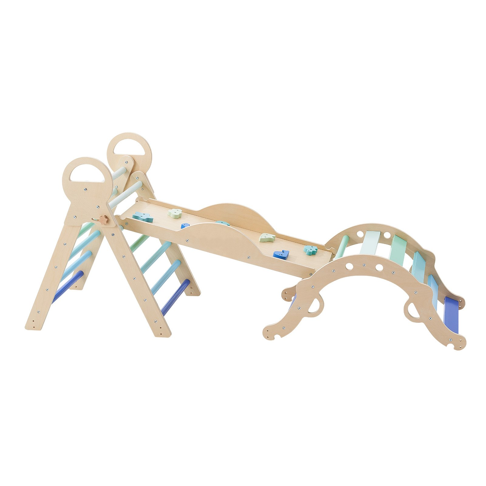 9-in-1 Pikler Triangle Set for Toddlers – Foldable Montessori Climbing Toy with Wooden Cars, Cushion, Arch & Ramp, Blue