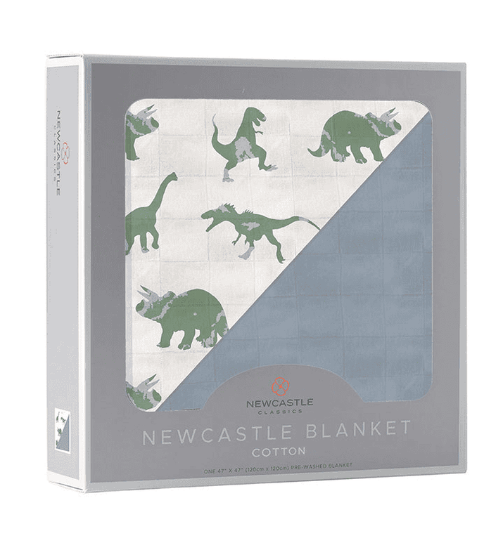 Granite Green Dinosaurs and Blue Fog Cotton Newcastle Blanket - The Little Big Store