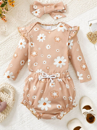 Children's Ruffled Floral Bodysuit and Bloomer, Headband Set - The Little Big Store