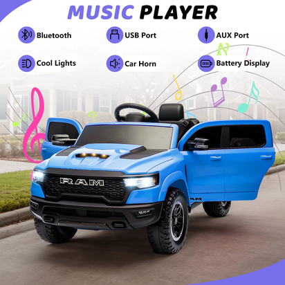 RAM 1500 Ride on Car Toy for Kids, 12V Powered Ride on Truck Toy with Remote Control, 4 Wheel Suspension, Safety Belt, Music, Bluetooth, LED Lights, Electric Cars for 3-5 Yrs Boy Girl, Blue