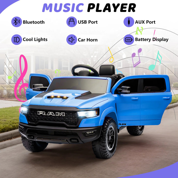 RAM 1500 Ride on Car Toy for Kids, 12V Powered Ride on Truck Toy with Remote Control, 4 Wheel Suspension, Safety Belt, Music, Bluetooth, LED Lights, Electric Cars for 3-5 Yrs Boy Girl, Blue